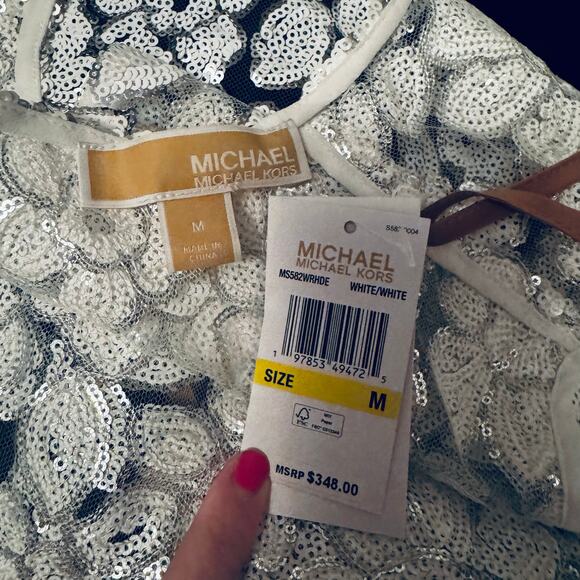 Michael Michael Kors Sequined Floral Mesh T-Shirt Dress - White - Medium - NWT - Picture 7 of 8